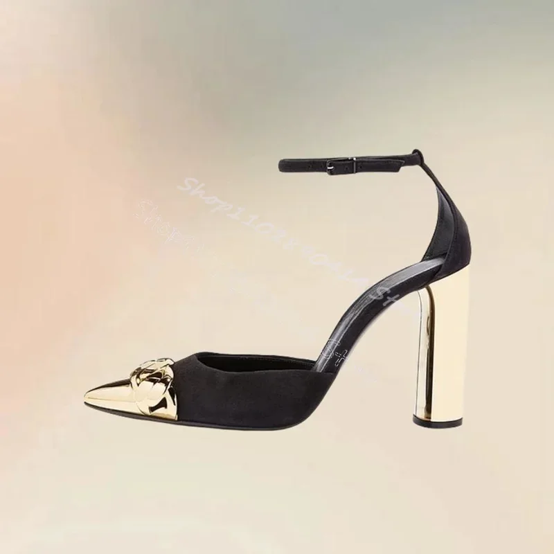 Złote szpilki z metalowym łańcuszkiem, odkryte palce, płytkie czółenka, pasek z klamrą wokół kostki, damskie buty na masywnym obcasie, seksowne buty imprezowe 2024, zapatos para mujer.