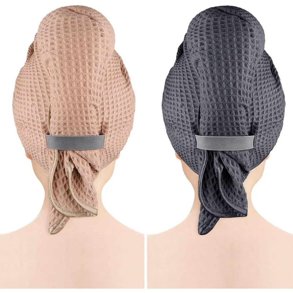 Microfiber Hair Towel Wrap for Women Long Curly Hair Super Soft Fast Drying Waffle Towel with Elastic Strap 40X26.5 Grey Brown