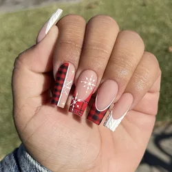 24pcs Long Ballerina False Nail Matte Caffin Red Stripe French Snowfalke Design Christmas Press On Nail Black Plaid Manicure Art