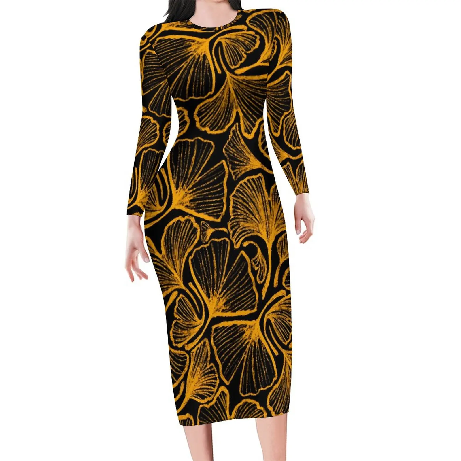 Ginkgo Biloba Dress Long Sleeve Yellow Leaves Print Vintage Dresses Autumn Female Fashion Design Bodycon Dress Big Size 4XL 5XL