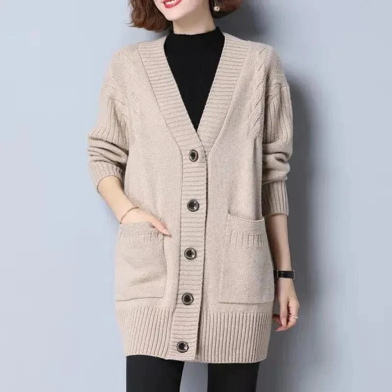

Women's Sweater 2025 Autumn Winter Knitted Cardigan V-neck Blouses Loose Shirt Solid Soft Knitwear Jumpers Basic Sweaters Button