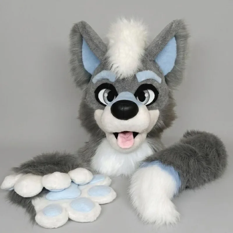 Graublauer Husky Wolf Fursuit Kopf, Hände, Pfoten und Schwanz Halloween Weihnachten Fancy Party Maskottchen Kostüm Zubehör
