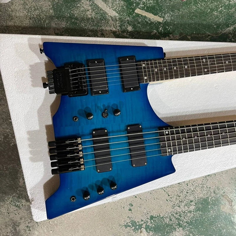 غيتار كهربائي بلون أزرق وعنق مزدوج بدون رأس ، لوحة أصابع من خشب الورد ، سطح من خشب القيقب اللهب ، 6 + 5 أوتار