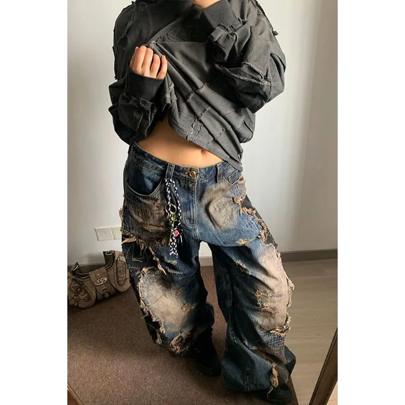 

American Niche Heavy Industry Old Destructive Style Wash Jeans Woman Harajuku Fashion Retro Street Loose Casual Hot Girl Jeans