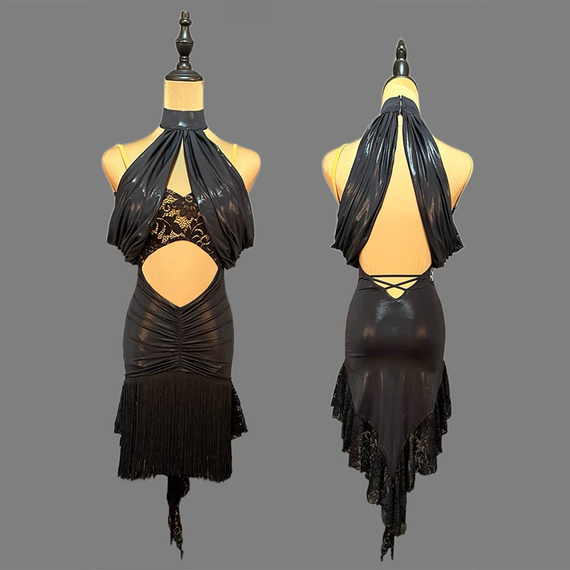 

Latin Dance Costume Adult Dancing Black Tassel Wrapped Hip Skirt Dresses Women Professional Competition Performance Dress XH2997