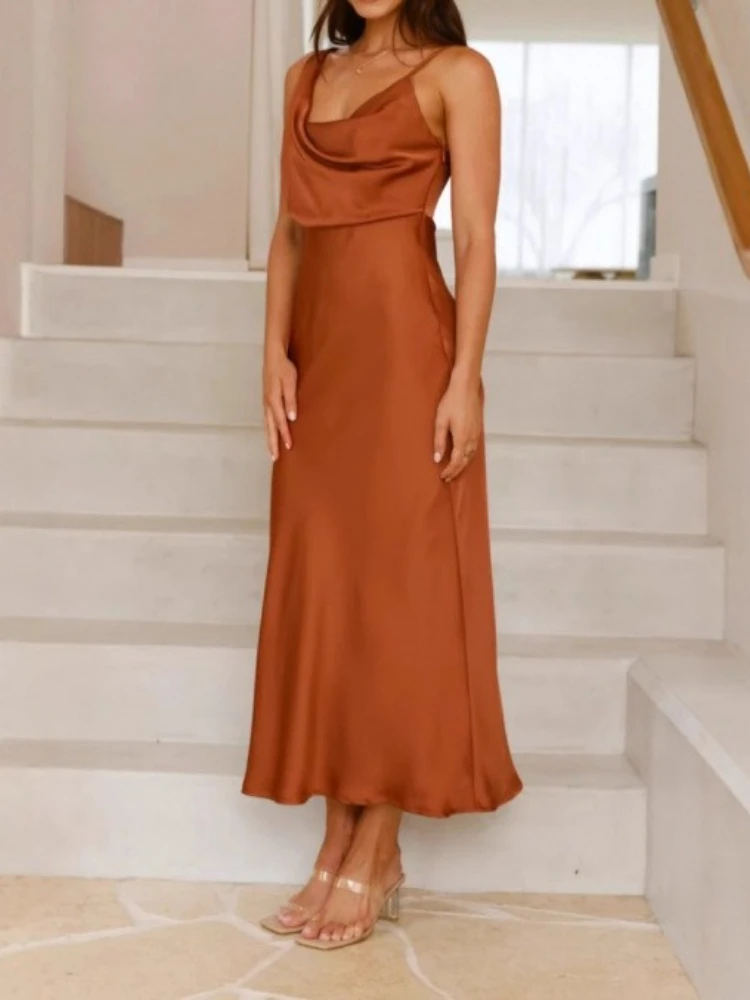 Abito lungo aderente da donna della nuova estate, cinturino in tinta unita, collo ad anello, abito senza maniche, abito senza schienale, alla moda e confortevole