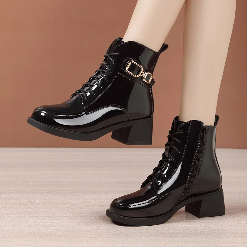 

New British Style Plush Women's High Boots for Woman Platform Shoe Autumn 2025 Women's Fashion Patent Leather Winter Boots 34-42