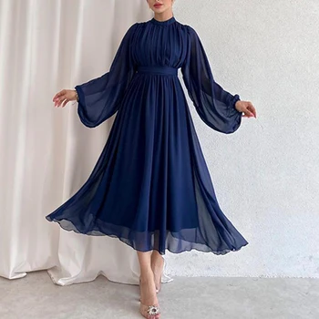 Casual Solidne plisowane sukienki damskie Elegancka sukienka z golfem z wydrążonym dekoltem Jesienna sukienka z długim rękawem i wysokim stanem