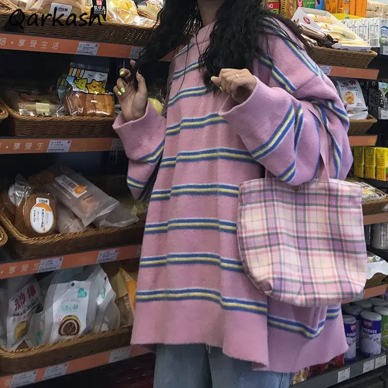 

Pullovers Women Striped All-match Loose Preppy College Tender Ins Mujer Holiday Warm Autumn Kawaii Design Clothes Fashion Trendy