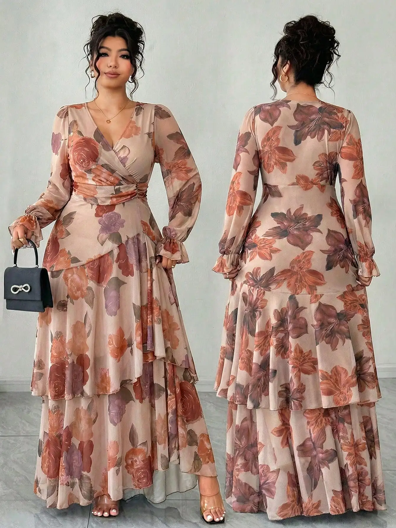 

Floral Print Ruffle Hem High Stretch Cinched Waist Long Dress For Women