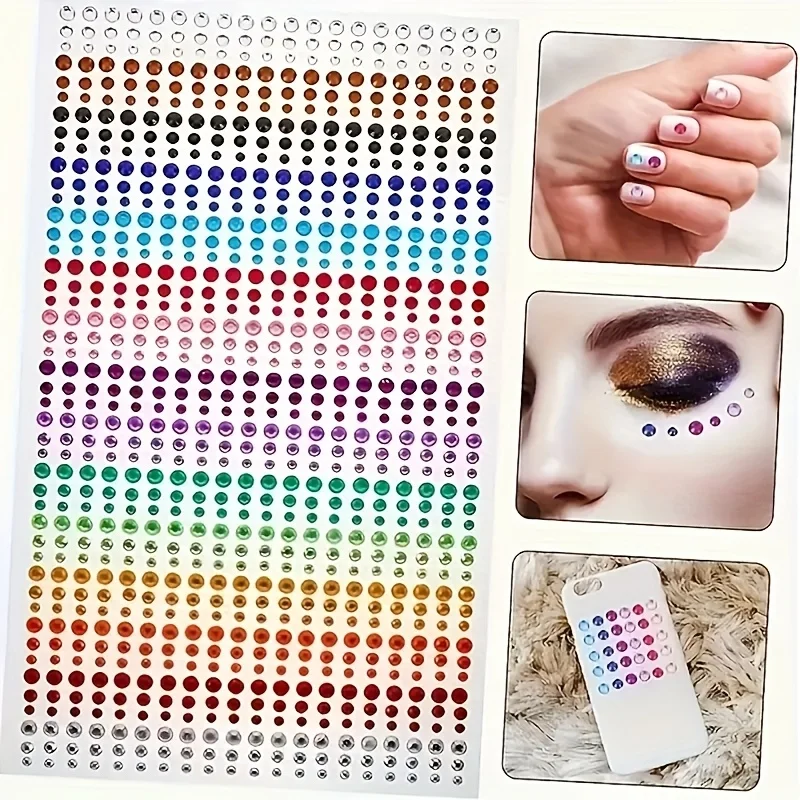 180 Stück, 15 Farben, selbstklebende Strass-Aufkleber - Runde glänzende Edelstein-Applikationen, geeignet für Gesicht, Körper und Nagelkunst - Bühne, C – Detail 5