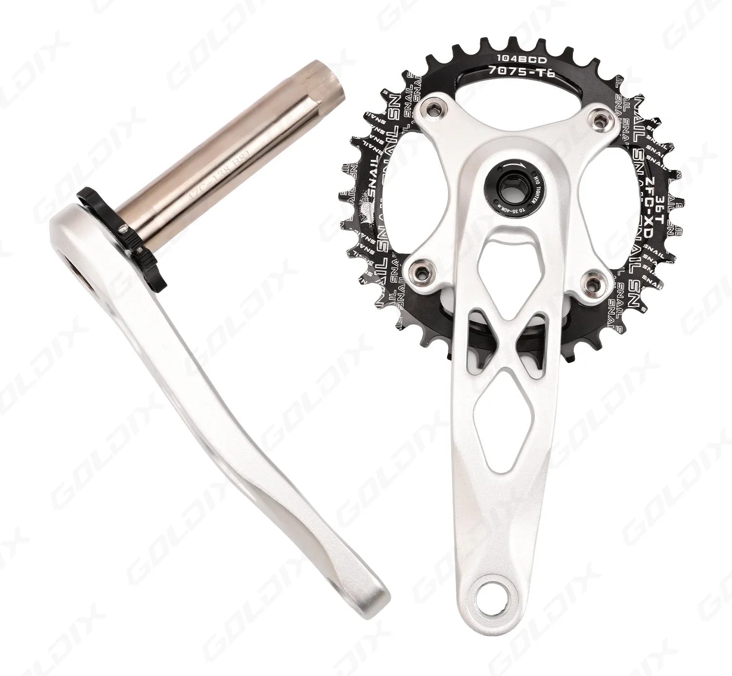 GOLDIX Hochfeste Fahrradkurbelgarnitur aus geschmiedeter Aluminiumlegierung, 104BCD, schmal-breites Kettenblatt, 170 mm Länge, für Mountainbikes. – Detail 13