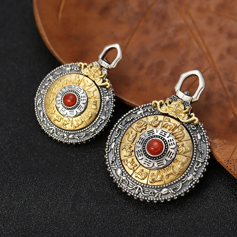 S925 Sterling Silver BaGua Pendant Black Color Old Process Unisex Brass Chinese Zodiac Rotatable Turquoise Fine Jewelry FYNE400