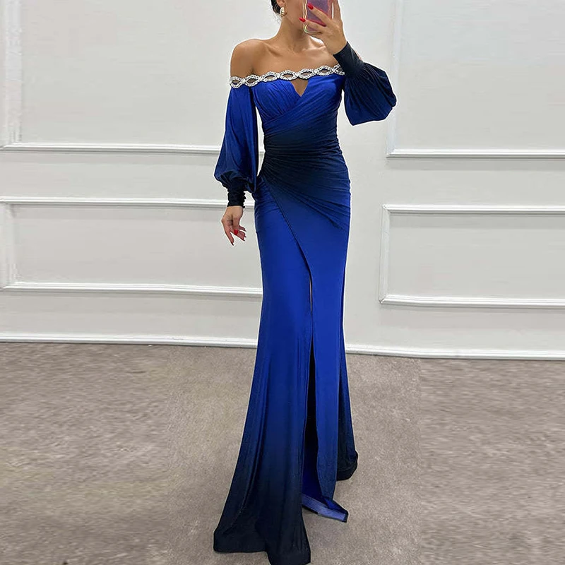 2024 Tie-dyed Bodycon Split Party Dress Chic Asymmetric Evening Dress Elegant Beading Decoration One Shoulder Gala Dress Women