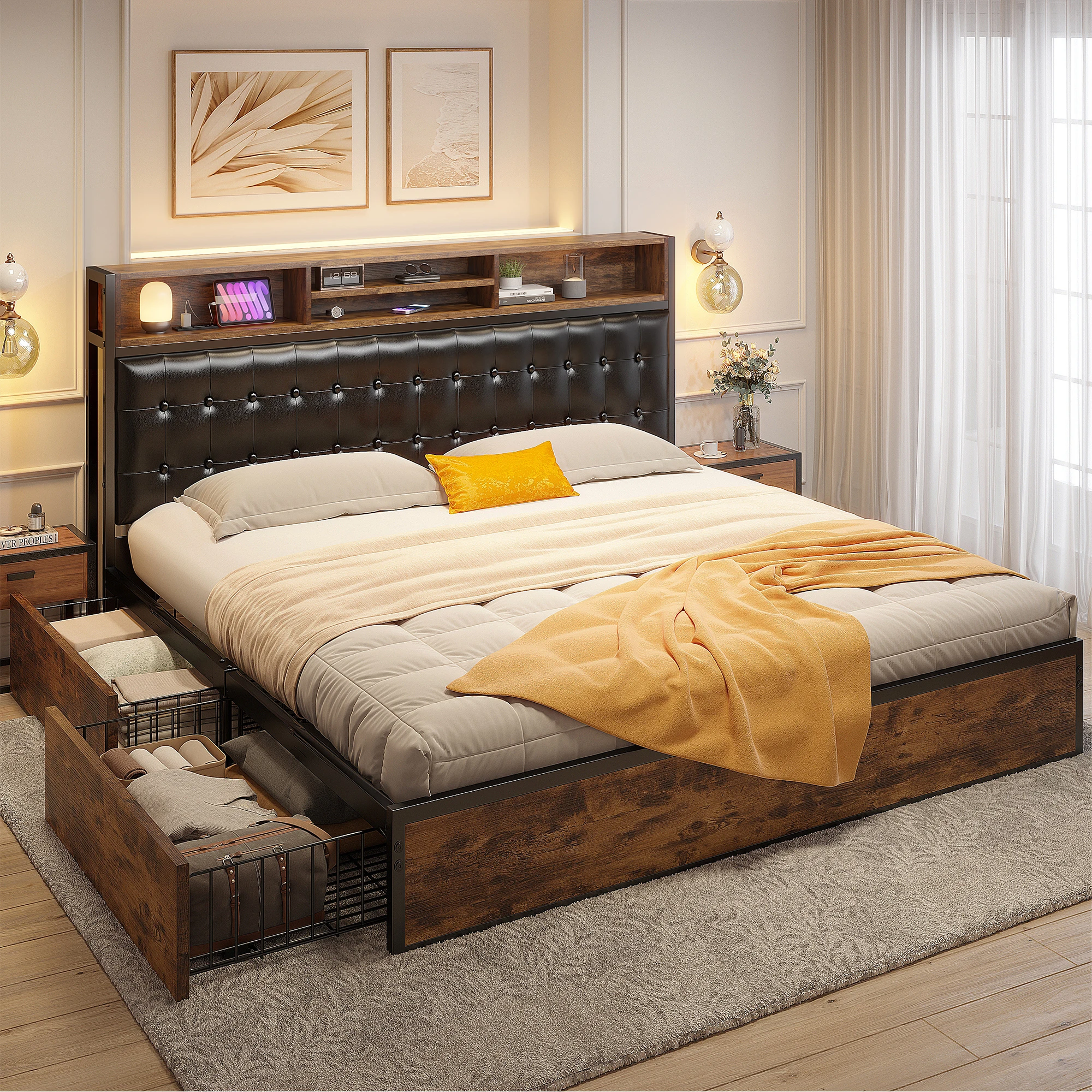 EnHomee Metal Bed Frame with 4 Storage Drawers & Charging Station Headboard Upholstered Platform Bed Frame with Upholstered Headboard No Noise