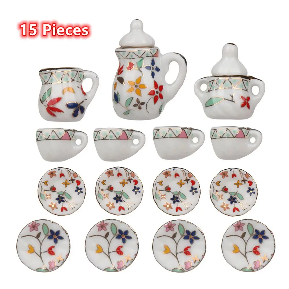 15PCS Retro Floral Golden Line Edged Pattern Dollhouse Accessories Mini Ceramic Tea Set 1:12 Kitchen Miniature Porcelain Set