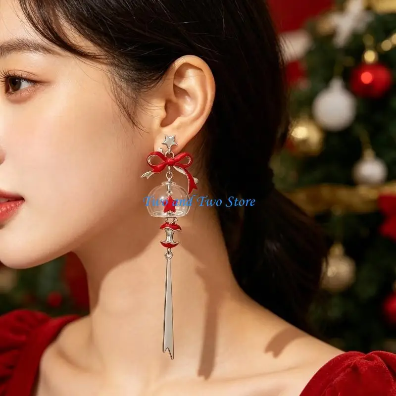 HX6F Trendy Apples Design Studs Earrings With Flowing Tassels Accent Dangle Tassels Ear Clips Accessory For Casual Outings