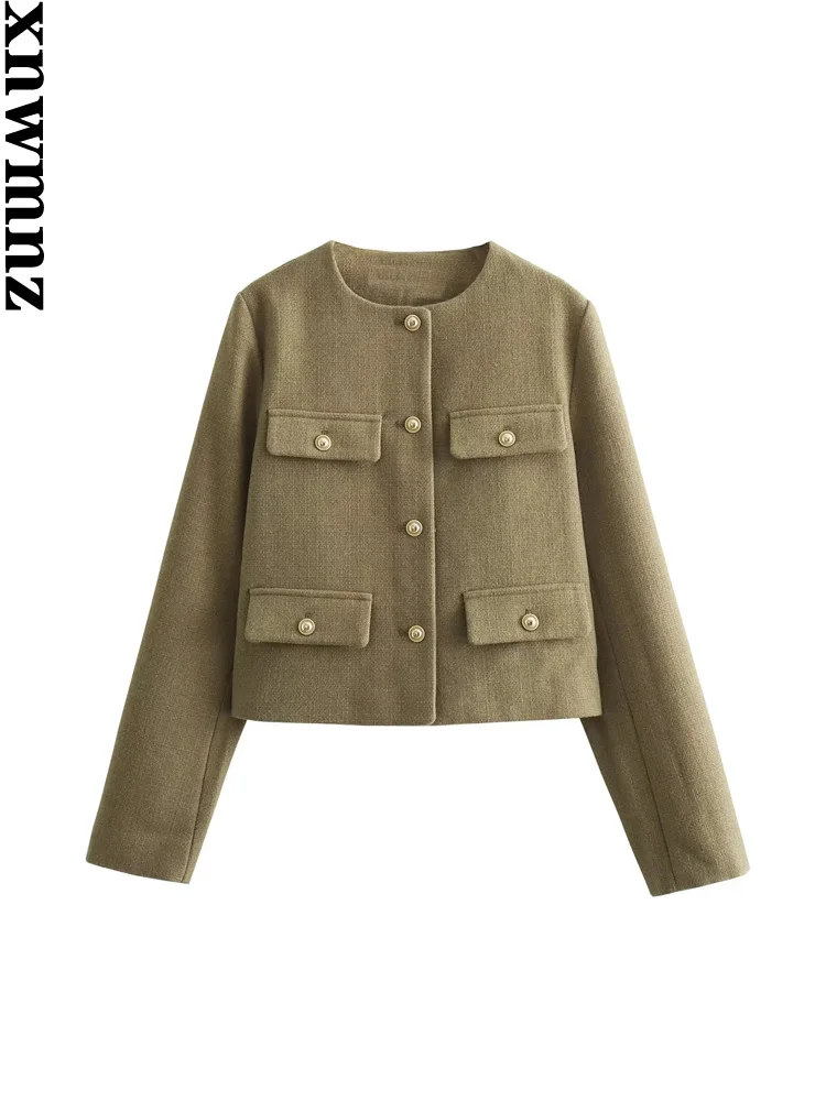 XNWMNZ-Chaqueta corta con bolsillo y solapa para mujer, Blazer versátil de manga larga con cuello redondo, Estilo Vintage, a la moda, para otoño e