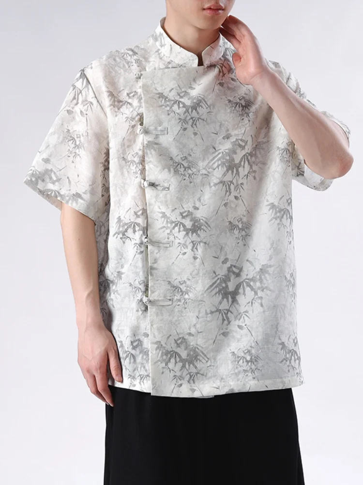 

New Chinese Sle Men's Summer irt Floral Print Button up Loose Fit Ice Silk ort Sve Retro Sle Stand Collar T Top