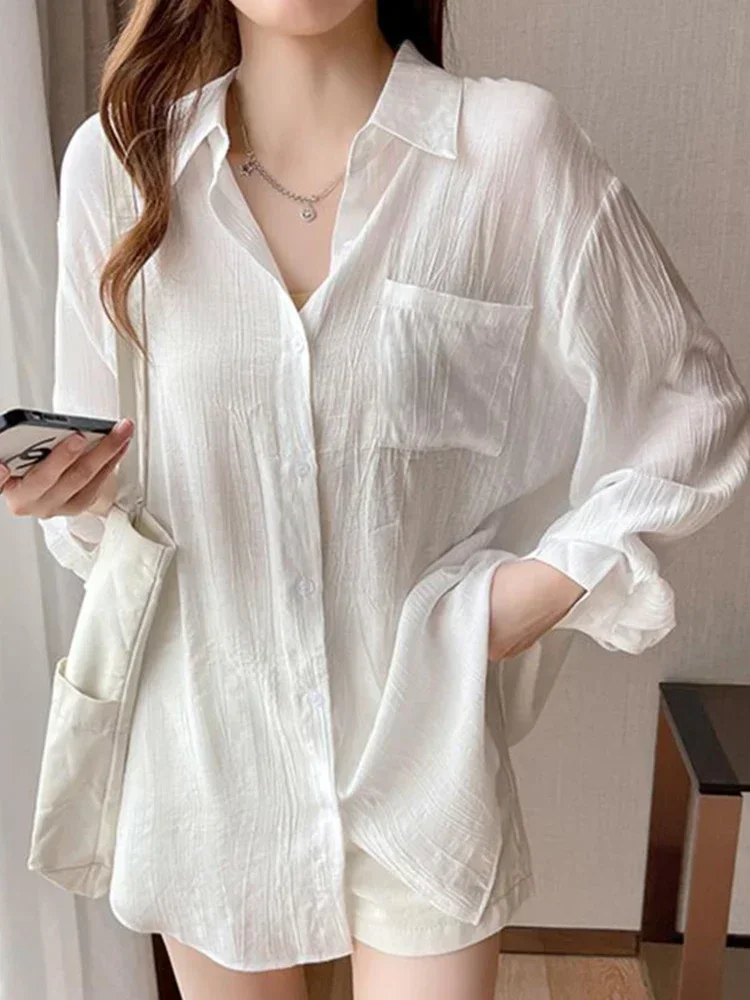 Korean Fashion Wrinkle Women Sun Proof Shirt Elegant Ice Silk Long Sleeve White Blouse Loose All Match Lazy Wind Tops New