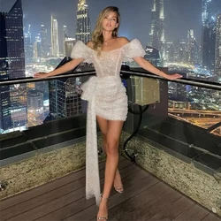 Glitter White Prom Dress Shiny Mini Party Dress Off The Shoulder Short Evening Dress Flashing Beading Evening Dress Customized