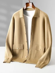 Men Autumn Winter Cashmere Sweatercoat Buttoned Cardigan Polo Collar 100% Merino Wool Knitwear Pocket Soft Casual Top Quality