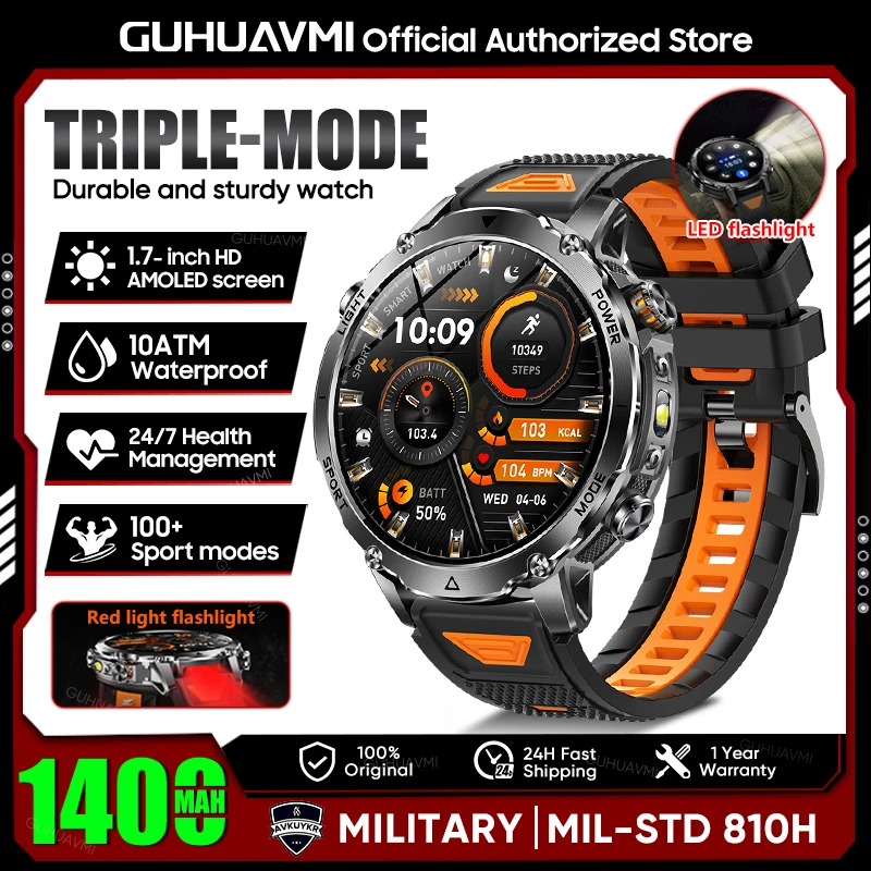 2026 Neue TANK Ultra 1400mAh Batterie Militär-Smartwatch 10ATM Wasserdicht Herzfrequenz Taktische LED-Taschenlampe Herren Sportarmband
