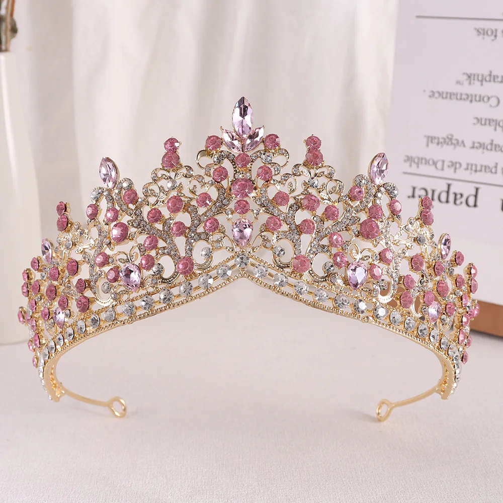 Baroque Vintage Gold Color Pink Crystal Beads Bridal Tiaras Crowns Headwear Women Wedding Party Princess Queen Hair Accessories