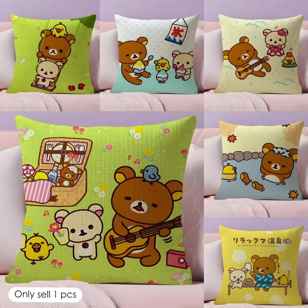 Cartoon R-Rilakkuma Cushion Cover Summer Coolness Linen Fabric Double-Sided Printing Pillow Case Sofa Home Decor Gift