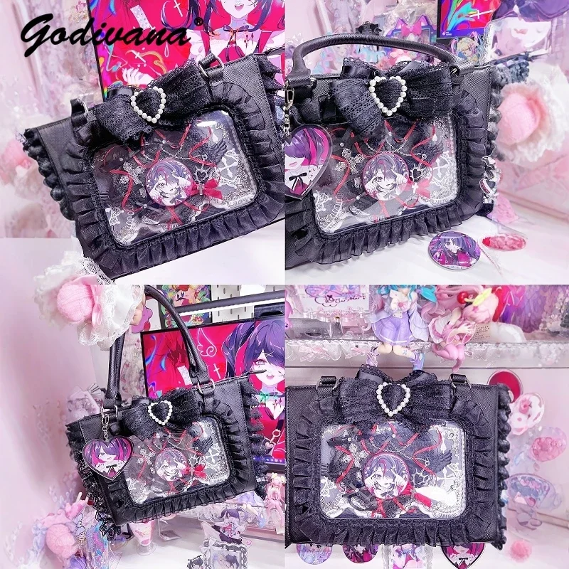 Japanese Mine Series Mass-produced Lace Bow 2way Itabag Lolita Girl Women\'s Sweet Tote Bag Black and White Handbags