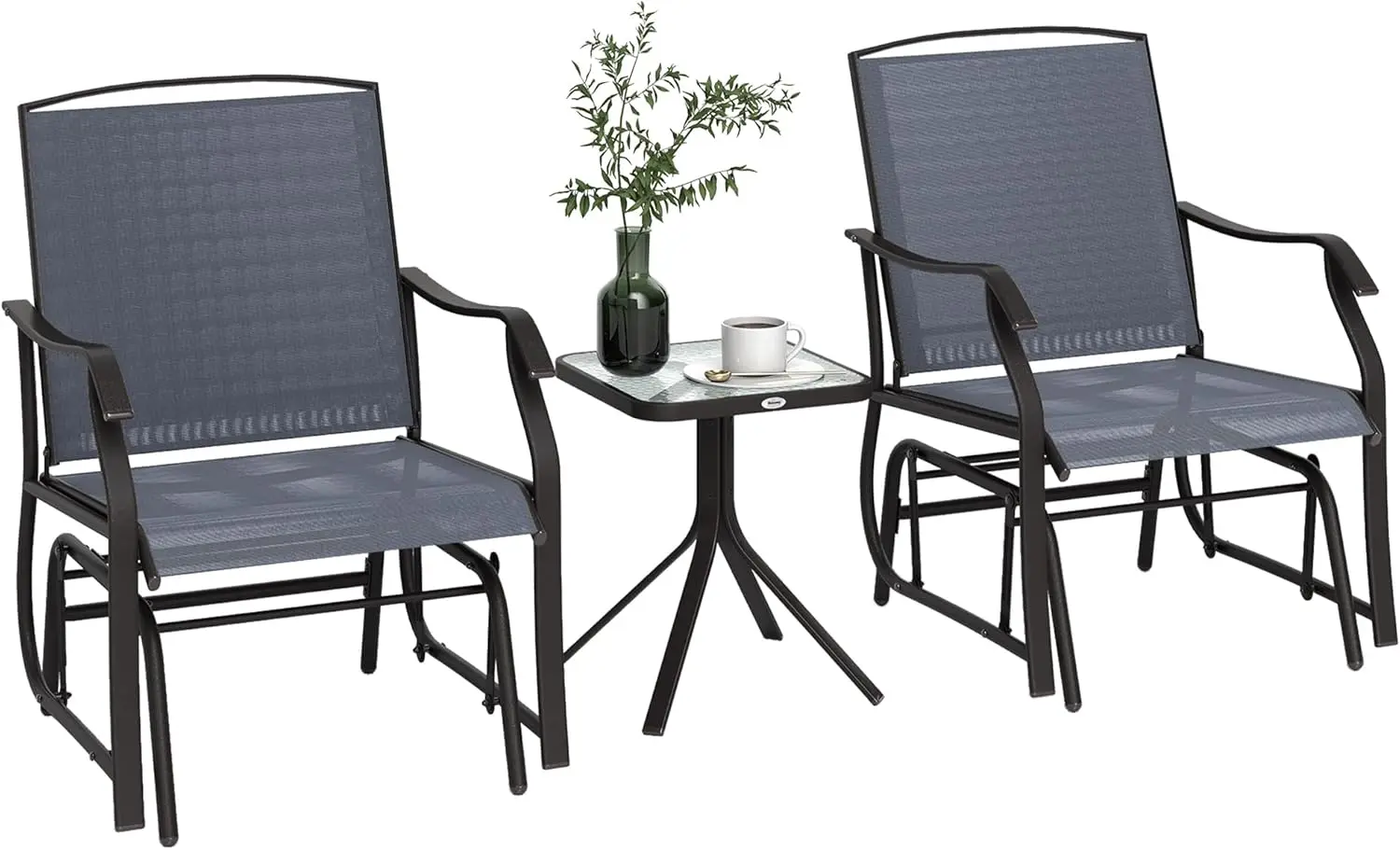 

3-х предметное уличное кресло-планер с журнальным столиком, набор для бистро, 2 стула-качалки для патио с дышащей тканью, стеклянный планшет