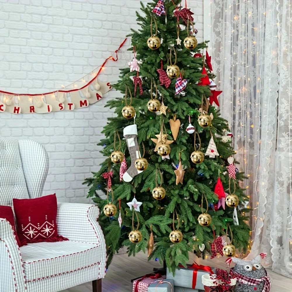 10pcs Golden Decorative Bells - Elegant Metal Christmas Tree Ornaments with Star, Perfect for Holiday Decor, Doorbells Pet Bells