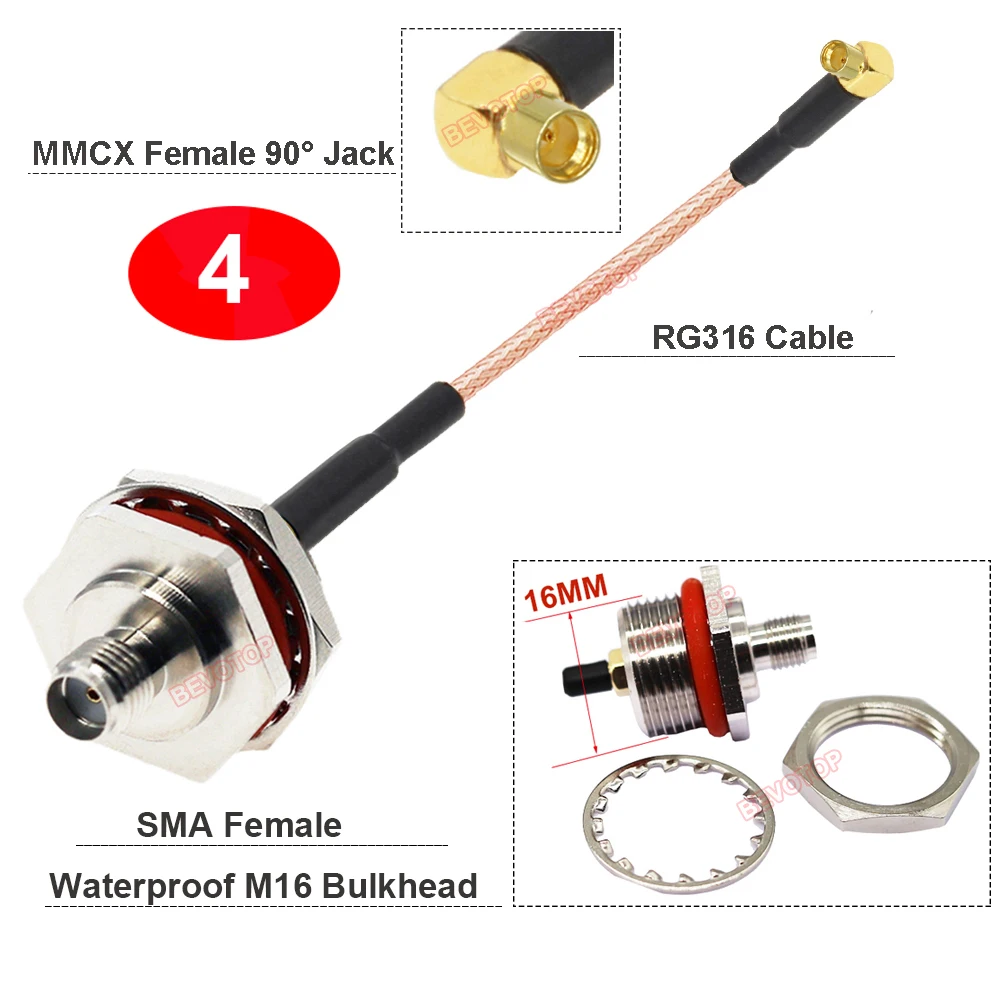 1PCS SMA to MMCX RG316 Cable Waterproof M16 SMA / RP-SMA Female to MMCX Male/ Female Connector RF Coax Extension Jumper BEVOTOP