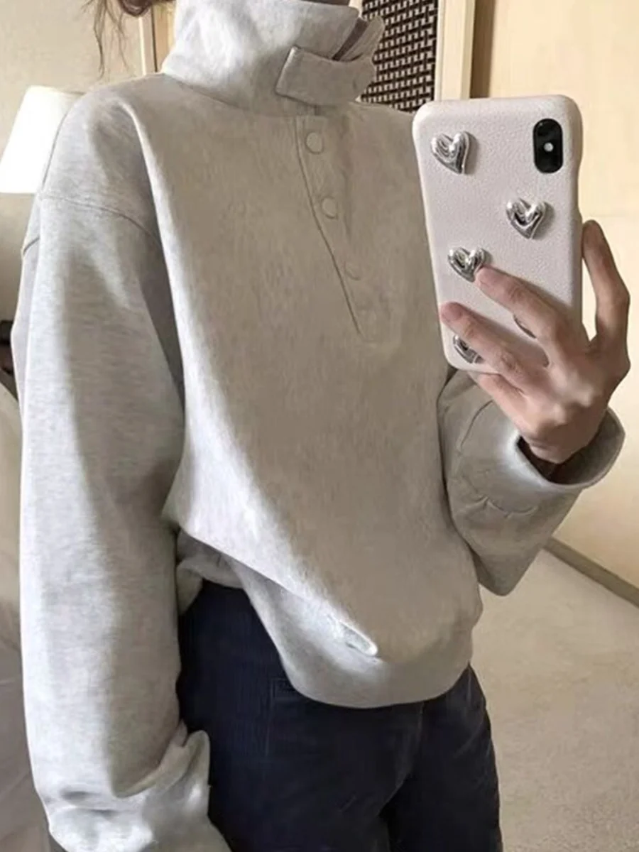 سترة نسائية كورية التصميم بياقة عالية متعددة الاستخدامات للخريف والشتاء، فضفاضة ونحيفة بياقة مفتوحة عصرية