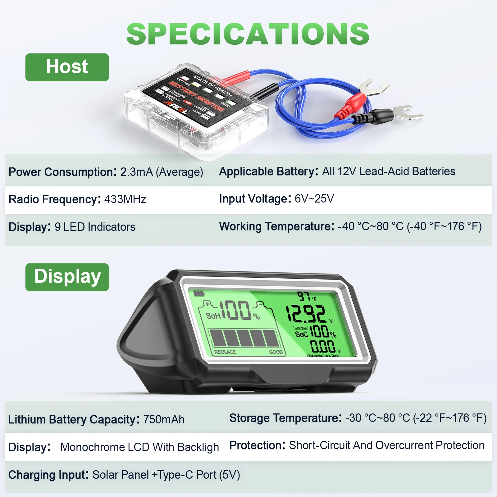 ANCEL BM200 PRO LED Battery Tester  for 12V Battery Monitor Display Battery Health SOH SOC Tester Analyzer Charging Tester Tools