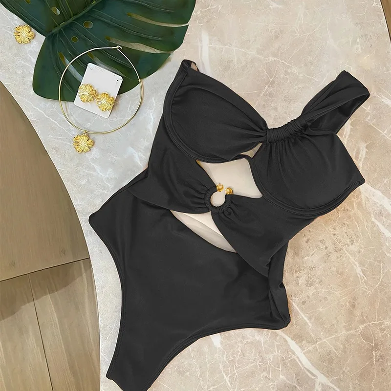 2026 One Shoulder Twist Knot Underwire One Piece Swimsuit Women Cut Out Metal Ring Push Up Tummy Control Swimwear Beach Vacation