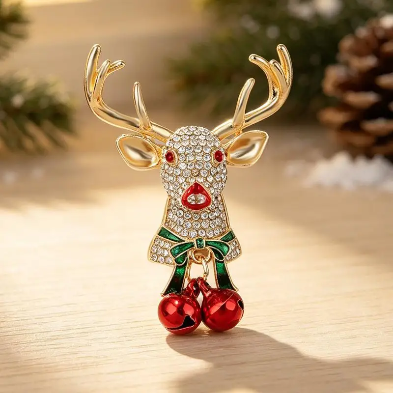 Gold Plated Christmas Reindeer Brooch With Sparkly Clear Rhinestones Red Bell Pendants For Holiday Party Outfit Decorations