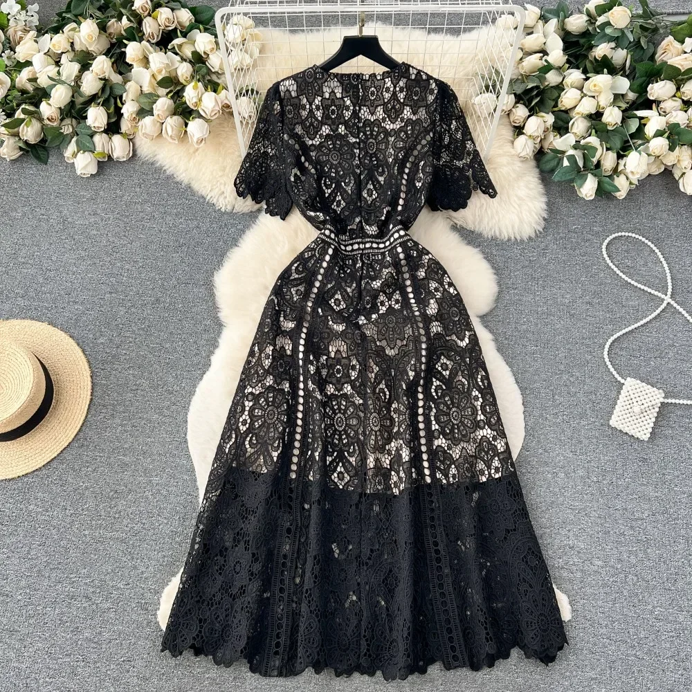 French Style Elegant Vintage Lace Hook Flower Dress O Neck Half Sleeve Patchwork Slim Big Swing Robe Casual Temperament Vestidos