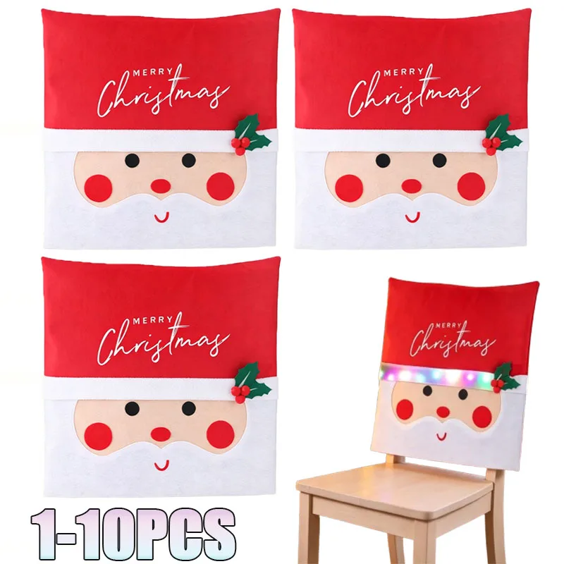 New LED Christmas Chair Back Covers Santa Claus Design Red Slipcovers for Xmas Holiday Party Supplies Festive Dining Room Decor