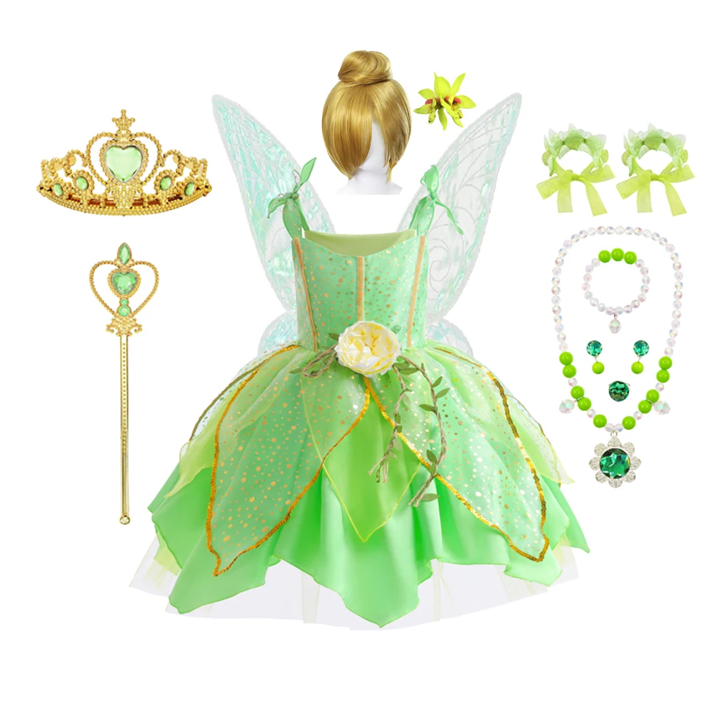 فستان كرنفال للحفلات تينكر بيل فستان أخضر للفتيات زي تنكري للأطفال فستان فاخر أخضر الأميرة الجنية