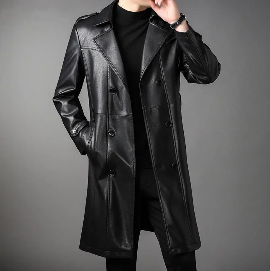 New Men Leather Jacket Fall Winter Genuine Jackets Man Clothes Long Warm Plush Coats Casual Fashion Windbreak Trench Coat