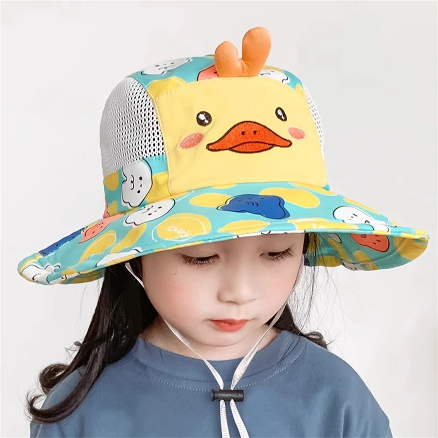 2-8 years Children\'s sun hat, summer thin fisherman hat, boys and girls, cartoon sun hat, large brim, foldable net hat