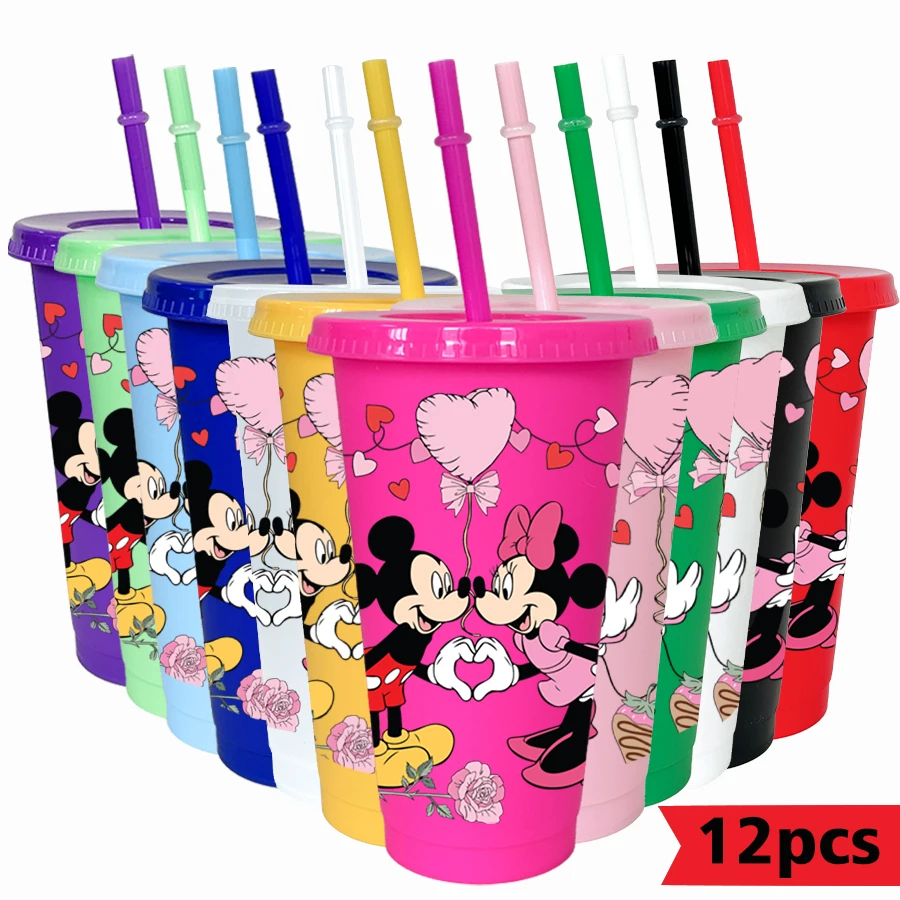 12 szt./opak. Kubki plastikowe z nadrukiem Disneya Myszka Miki i Minnie, 770 ml, kolorowe, na przyjęcia urodzinowe, do napojów, soków, kawy
