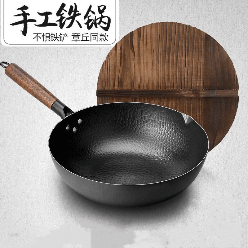 Wok in ghisa fatto a mano 32cm padella antiaderente Wok padelle pentola per uso domestico coperchio in legno fornello a Gas fornello a induzione