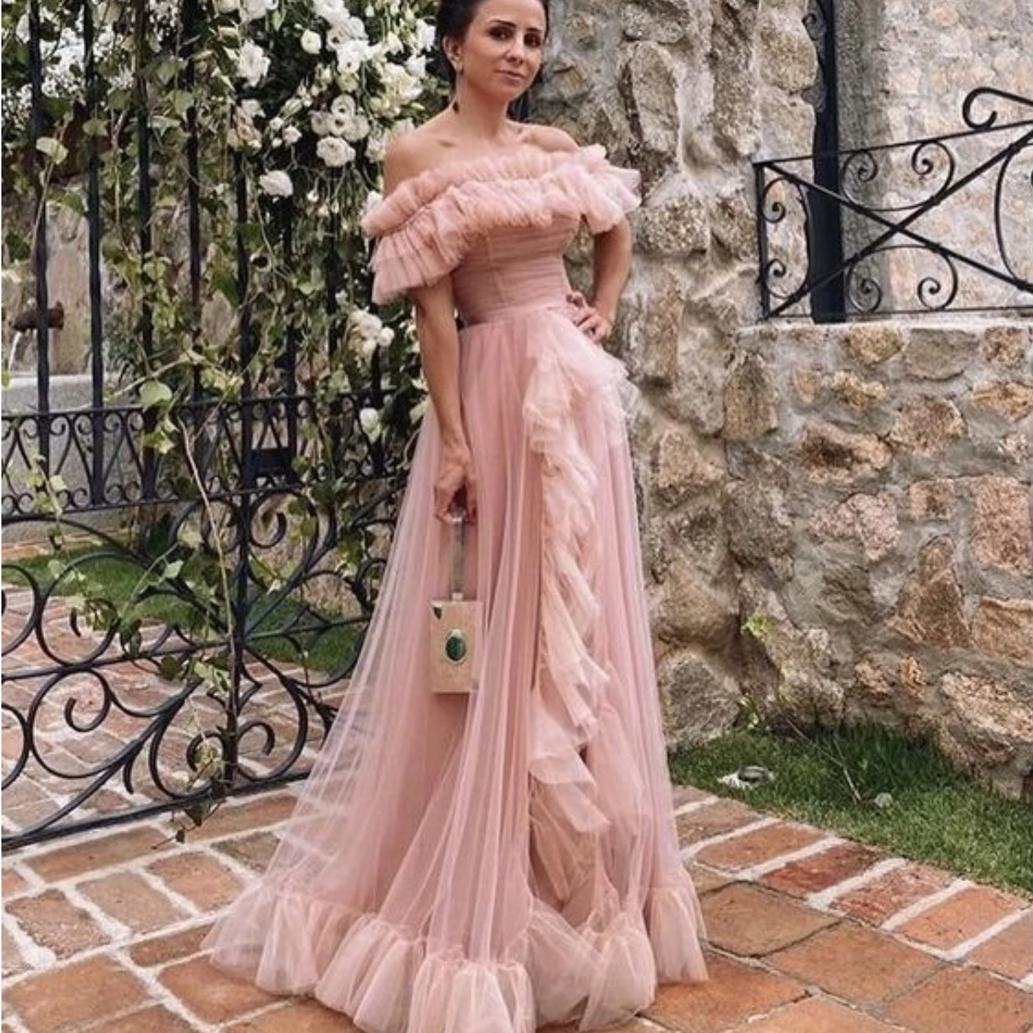 Vestido de cóctel de dama de honor, vestido de noche árabe, fiesta de noche, elegante, de lujo, celebridad, rosa, hombros descubiertos, personalizado