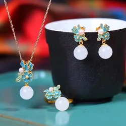 New Porcelain Inlaid Hetian White Jade Pearl Flower Enamel Porcelain Necklace Earrings Palace Style Elegant Ladies Jewelry