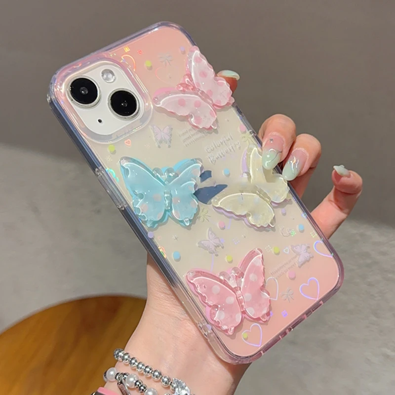 Korean Lovely 3D Polka Dot Butterfly Laser Love Heart Phone Case For iPhone 15 14 13 12 11 Pro Max Trendy Clear Back Cover Girls