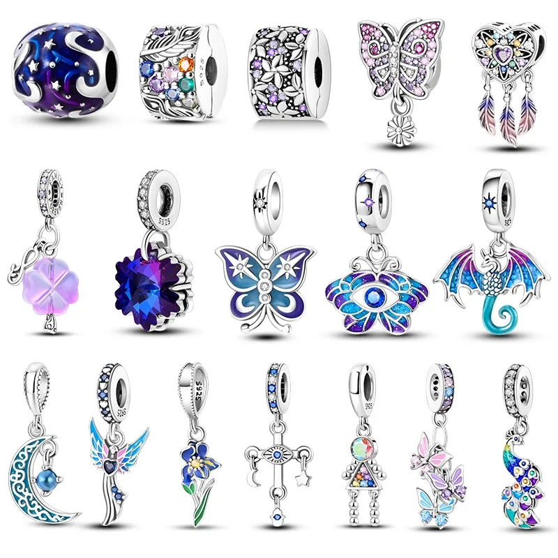 

925 Sterling Silver Fantasy Flying Dragon Mysterious Butterfly Purple Charms Pendants Fit Pandora Original Bracelets DIY Jewelry