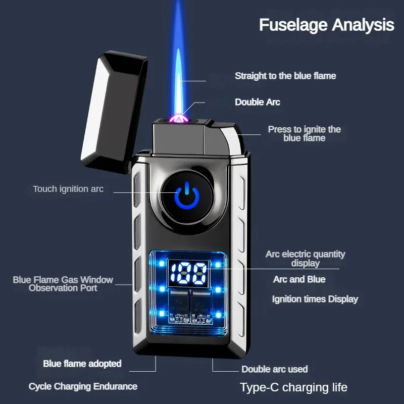 New electronic pulse cigarette lighter, gas and electric, digital display, double arc, windproof, butane gas lighter