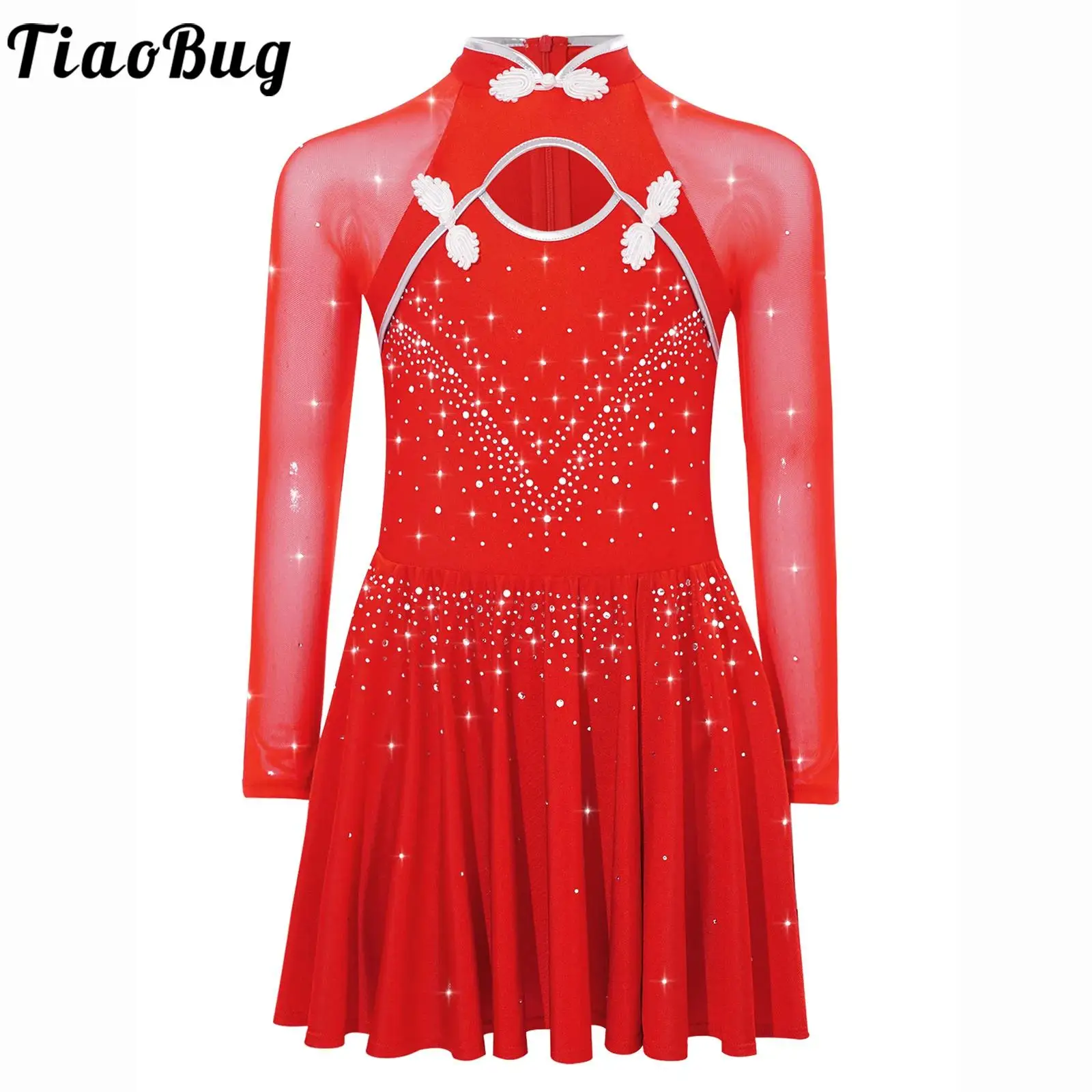 

Kid Girls Lyrical Dance Dress Leotards Figure Skating Dress Mandarin Collar Sheer Mesh Long Sleeves Rhinestones Side Split Dress
